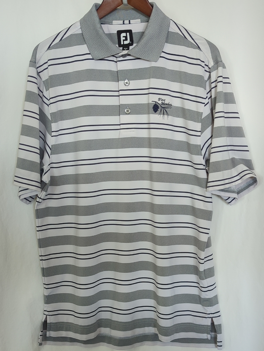 FootJoy FJ Performance Golf Polo Men M Gray Navy White Stripe FJ Back Logo